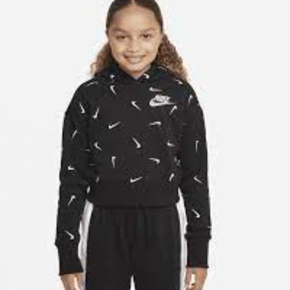 Nike Sportswear Big Kids' Printed Crop French Terry Hoodie in Black